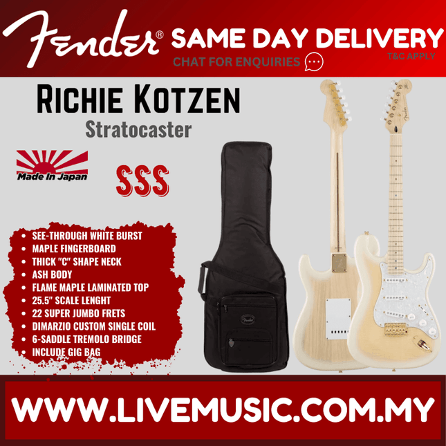 Fender Japan Ritchie Kotzen Stratocaster Electric Guitar, Maple FB, See-Through White Burst