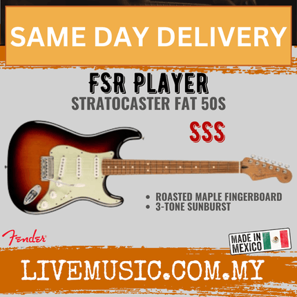 Fender FSR Player Stratocaster Fat 50s Electric Guitar, Roasted PF FB, 3-Tone Sunburst