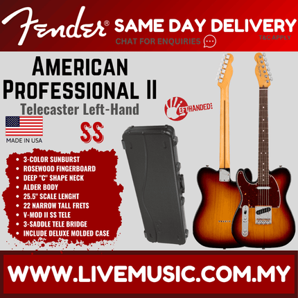Fender American Professional II Left-Handed Telecaster Electric Guitar, Rosewood Fretboard - 3-Tone Sunburst