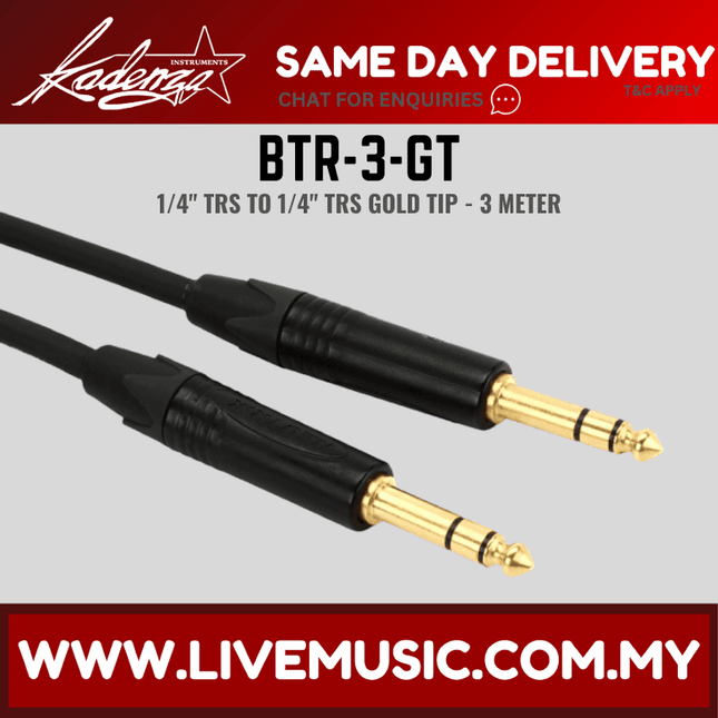 Kadenza BTR3GT Balanced Interconnect 1/4inch TRS to 1/4inch TRS Goldtip Cable - 3 Meter (BTR-3-GT/LMC)
