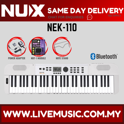 Nux NEK-110 61-Keys Portable Digital Electronic Keyboard Keyboard w/Bluetooth - White ( NEK110 / NEK 110 )