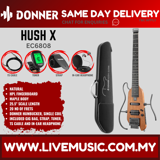 Natural electric guitar kit with HUSH X earpiece, strap, tuner, TS cable, and guitar