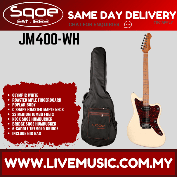 Sqoe JM400-WH Electric Guitar With Gig Bag Roasted Maple FB, Olympic White ( JM400WH / JM400-WH )