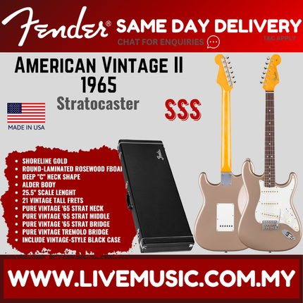 Fender American Vintage 65 Stratocaster Electric Guitar, Round-Lam RW FB, Shoreline Gold