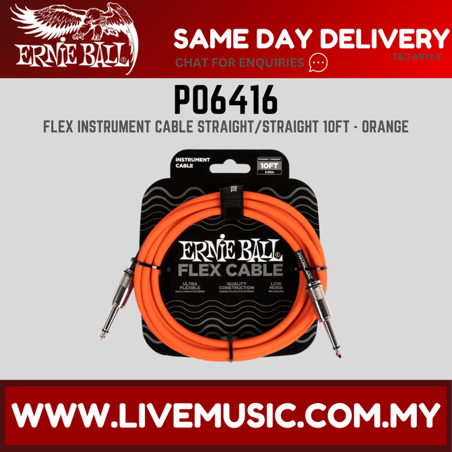 Ernie Ball 6416 Flex Instrument Cable 10 Ft, Orange