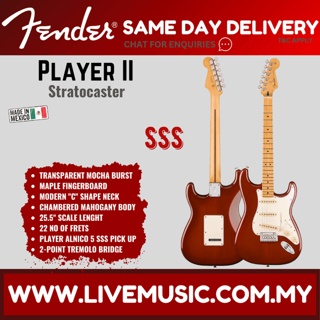 Fender Player II Stratocaster Electric Guitar, Maple FB, Transparent Mocha Burst / Aged Cherry Burst