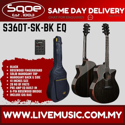 Sqoe S360T-SK-BK EQ 41" Mahogany Solid Top Acoustic Electric Guitar w/Gig Bag, Rosewood FB - Black ( S360TSK / S360T SK )