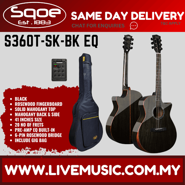 Sqoe S360T-SK-BK EQ 41" Mahogany Solid Top Acoustic Electric Guitar w/Gig Bag, Rosewood FB - Black ( S360TSK / S360T SK )