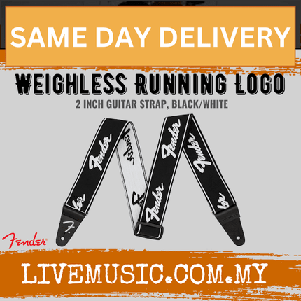 Fender Weighless Running Logo Guitar Strap, 2inch - Black/White