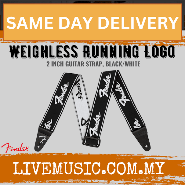 Fender Weighless Running Logo Guitar Strap, 2inch - Black/White