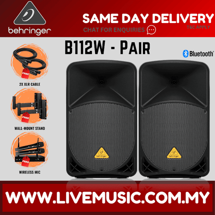 Behringer Eurolive B112W 1000W 12" Powered Speaker w/Wireless Mic,Speaker Stand & Cable - Each / Pair (B-112W B 112W)