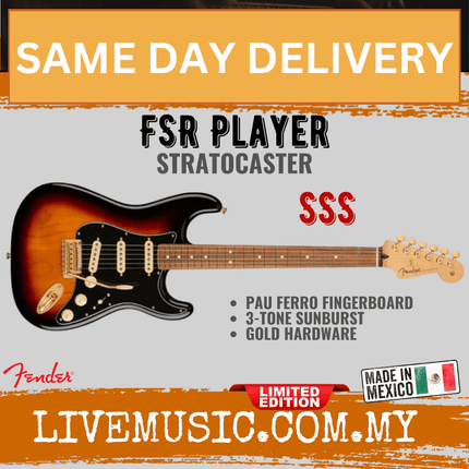 Fender FSR Player Stratocaster Electric Guitar w/Gold Hardware, Pau Ferro FB, 3-Tone Sunburst