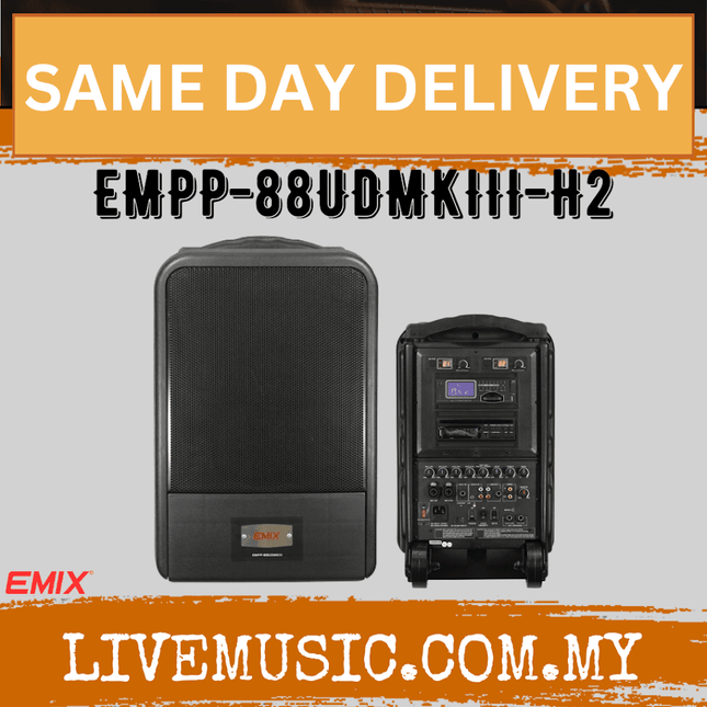 Portable amplifier with black speaker cabinet and rear control panel