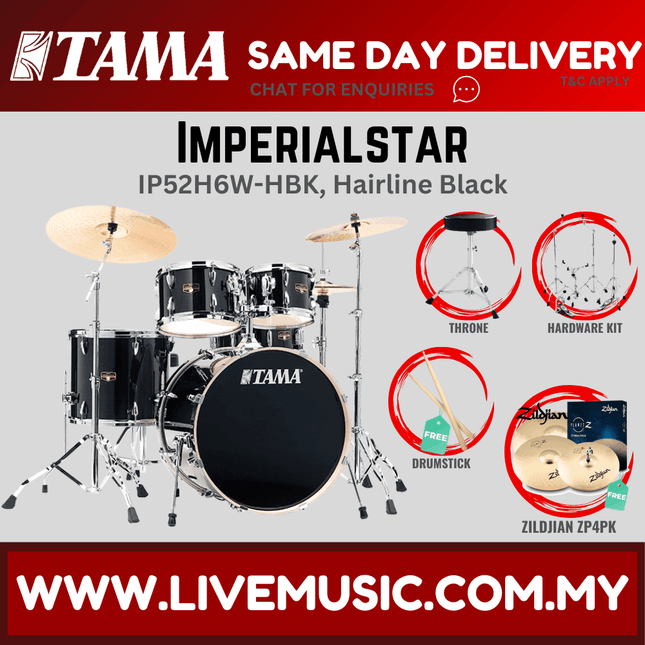 Tama Imperial Star drum set with hairline black finish and matching cymbals, chrome hardware