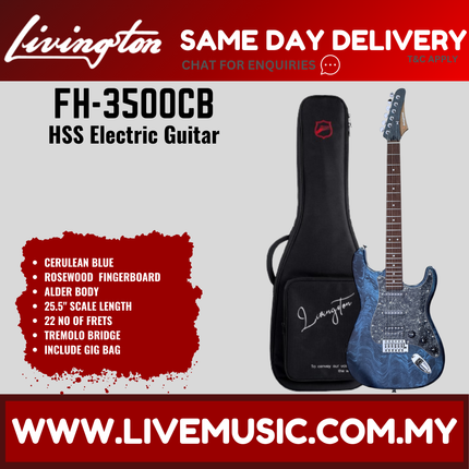 Cerulean blue HSS electric guitar with rosewood fretboard, shown with black gig bag