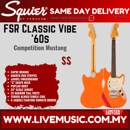 Squier FSR Classic Vibe 60s Competition Mustang Guitar w/ Dakota Red Stripes, Capri Orange