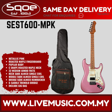 SQOE SEST600 Stratocaster Body HSS Electric Guitar, Roasted Maple Fretboard - Metallic Pink (SEST-600/SEST 600)