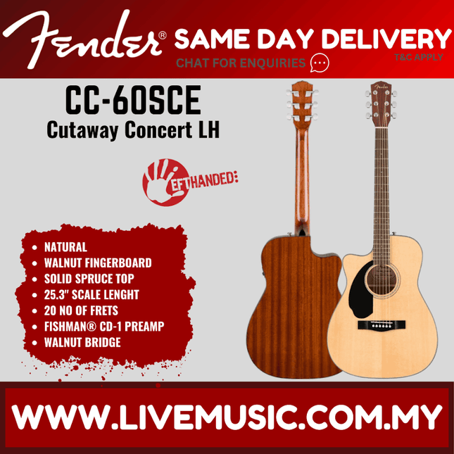 Fender CC-60SCE Concert Left-Handed Acoustic-Electric Guitar - Natural (CC60SCE/CD 60SCE)