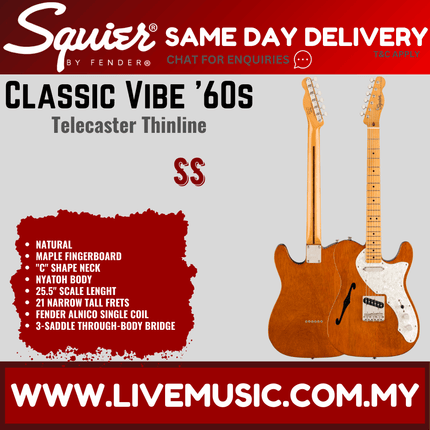 Squier Classic Vibe 60s Telecaster Thinline Electric Guitar, Maple Fretboard - Natural