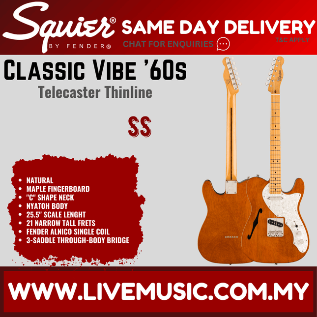 Squier Classic Vibe 60s Telecaster Thinline Electric Guitar, Maple Fretboard - Natural
