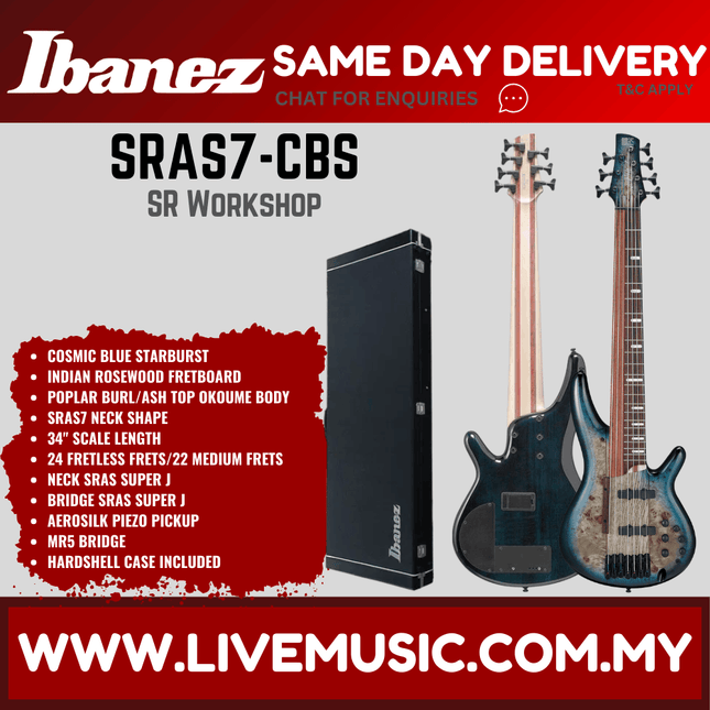 Ibanez SRAS7-CBS 7-String Electric Bass Guitar w/Case, Cornflower Blue Sunburst ( SRAS7 CBS / SRAS7CBS )