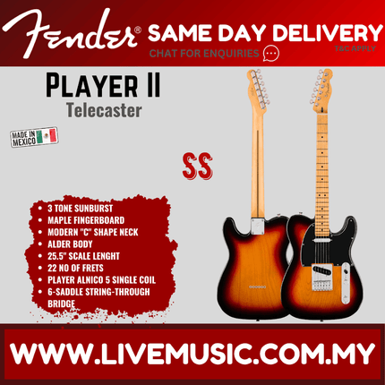 Fender Player II Telecaster Electric Guitar, Maple FB, 3 Tone Sunburst