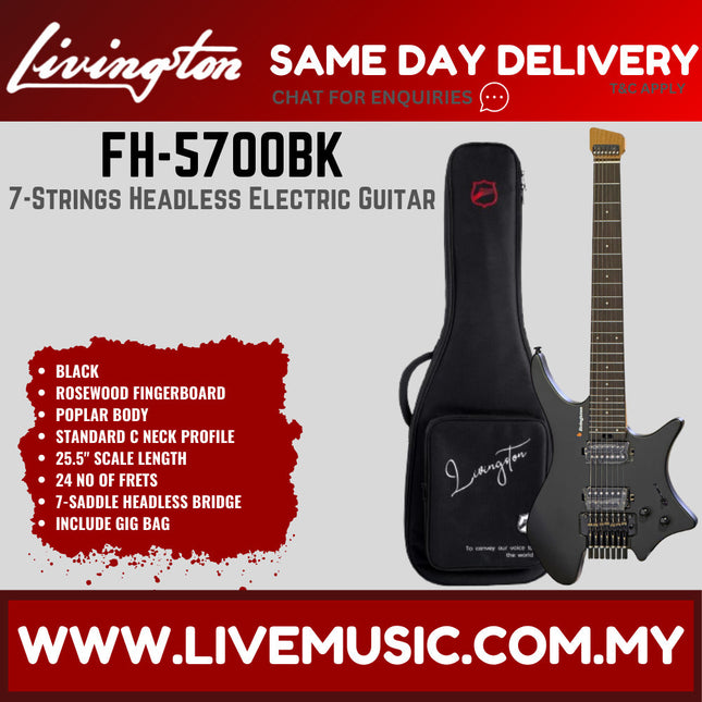 Black 7-string headless electric guitar with rosewood fretboard, in black gig bag