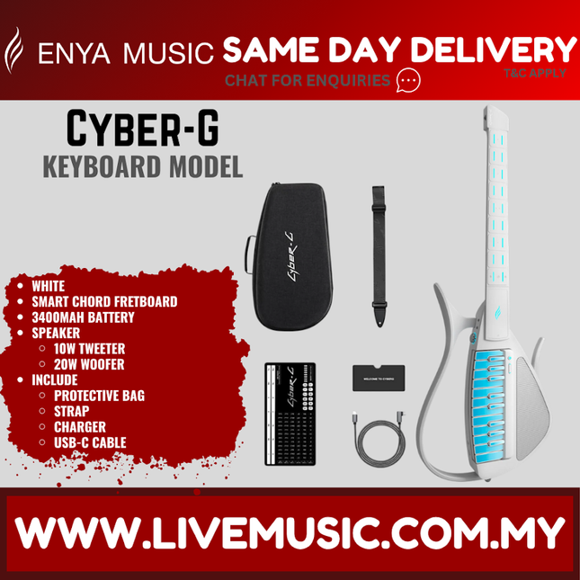 White stringless guitar with blue strip, Cyber-G keyboard controller case and strap