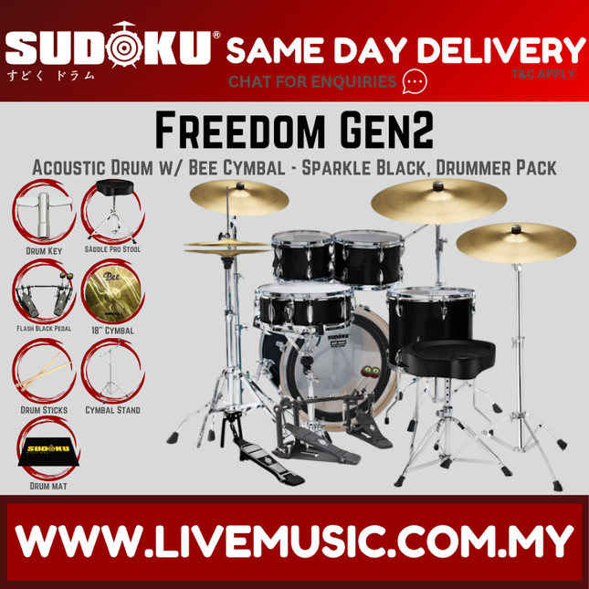 Sudoku Freedom Gen2 Acoustic Drum Set with Cymbals, Throne, Double Pedal - Drummer Pack