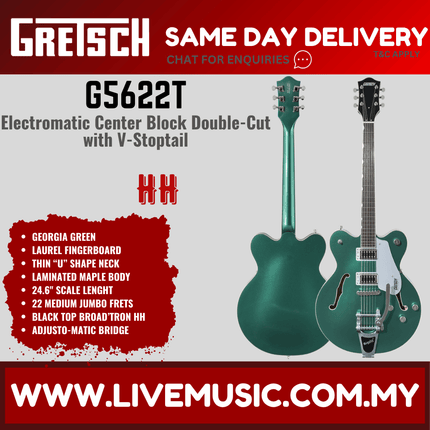 Gretsch G5622T Electromatic Centre-Block Double Cut Electric Guitar w/Bigsby, Laurel FB - Georgia Green