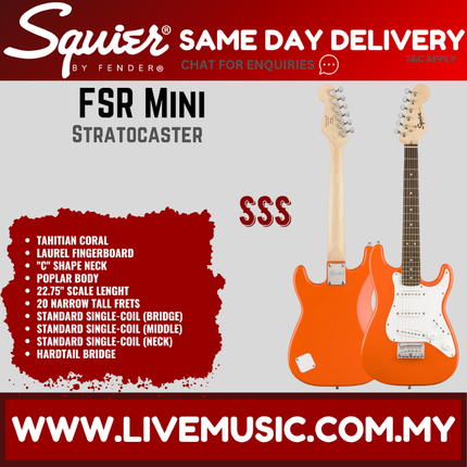Squier FSR Mini Stratocaster Electric Guitar, Maple FB, Tahitian Coral