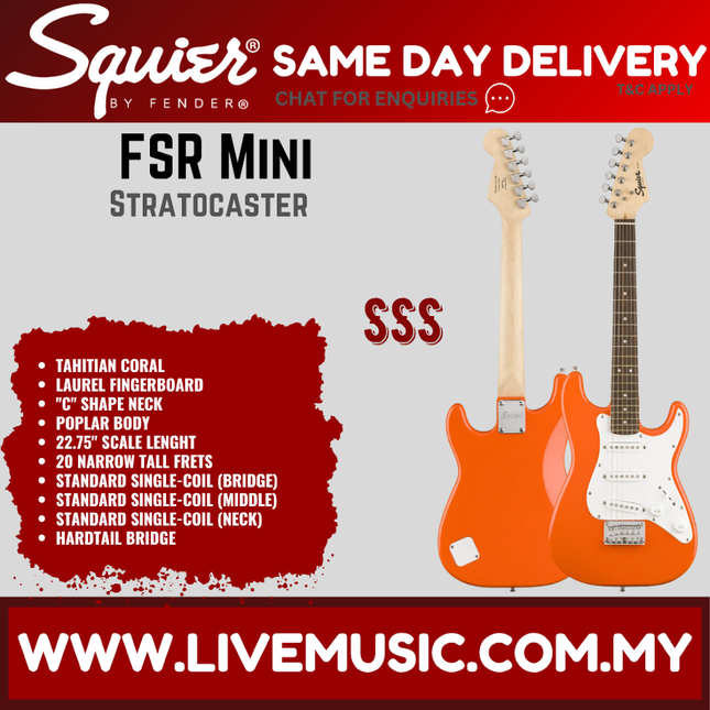 Squier FSR Mini Stratocaster Electric Guitar, Maple FB, Tahitian Coral