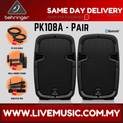 Behringer PK108A  Active 250W 8" PA Speaker System with Bluetooth w/UG-88HH Wireless Mic, Speaker Stand and Cable - Pair ( PK-108A / PK 108A )