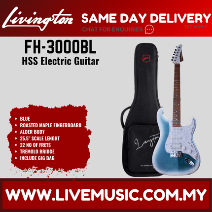 Blue HSS electric guitar with roasted maple fretboard and gig bag