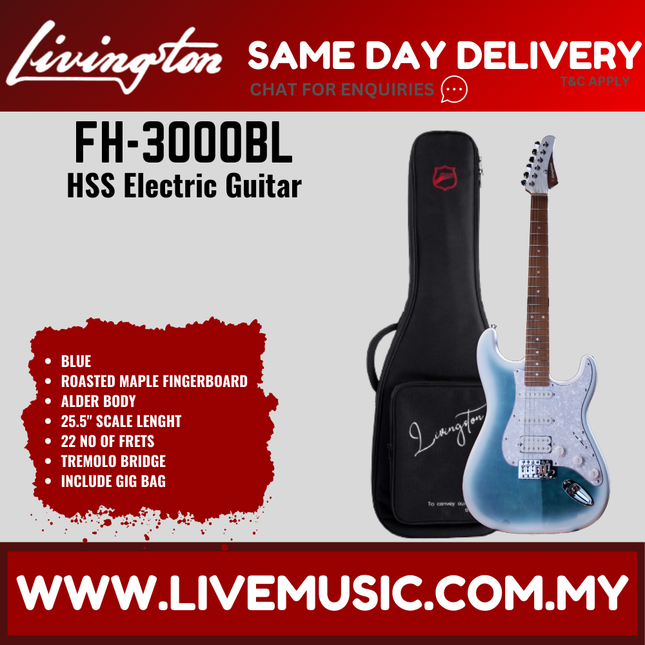 Blue HSS electric guitar with roasted maple fretboard and gig bag