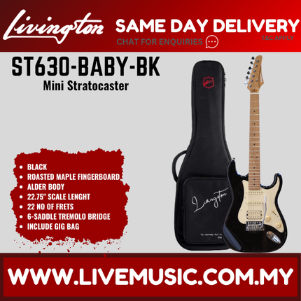 Mini Stratocaster electric guitar with black gig bag and light wood fretboard