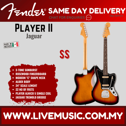 Fender Player II Jaguar Electric Guitar, RW FB - 3 Tone Sunburst