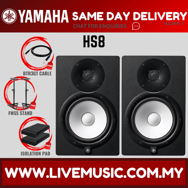 Yamaha HS8 powered studio monitor pair, black front view with woofer and tweeter