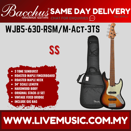 Bacchus WJB5-630-RSM/M-Act 5-Strings Bass Guitar, Roasted Maple Fretboard - 3 Tone Sunburst ( WJB5630RSM / WJB5 630 )