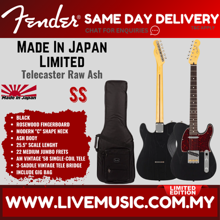Fender MIJ Limited Telecaster Electric Guitar, RW FB, Raw Ash Black