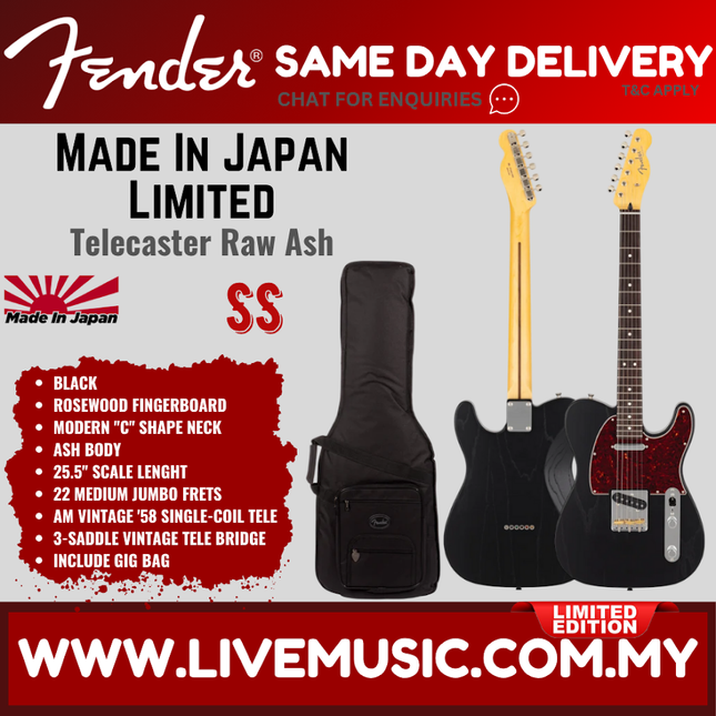 Fender MIJ Limited Telecaster Electric Guitar, RW FB, Raw Ash Black