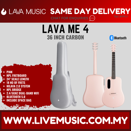 Lava Me 4 36" Carbon Fiber Smart Acoustic Electric Guitar With Touchscreen Effects And Space Bag-Pink