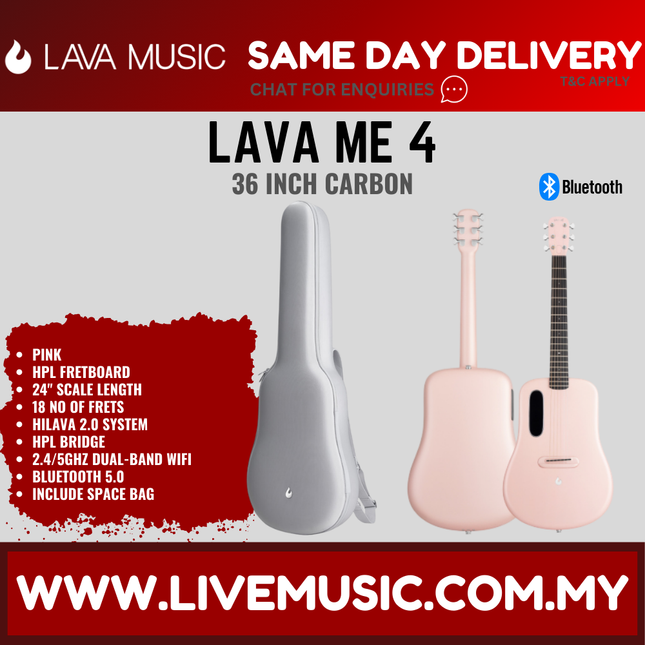 Lava Me 4 36" Carbon Fiber Smart Acoustic Electric Guitar With Touchscreen Effects And Space Bag-Pink