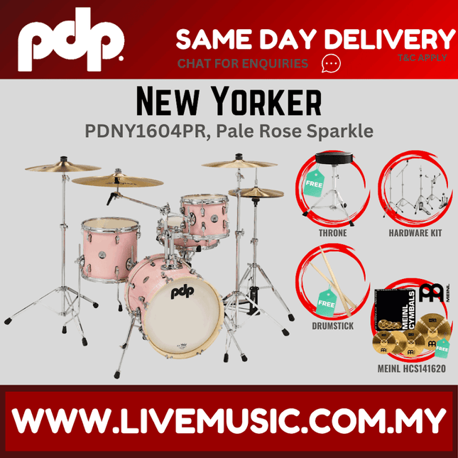 PDP New Yorker 4-piece Shell Pack With Cymbals Set - Pale Rose Sparkle ( PDNY1604PR / PDNY1604 )