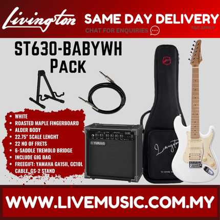White mini Stratocaster electric guitar with gig bag, amplifier, and cables