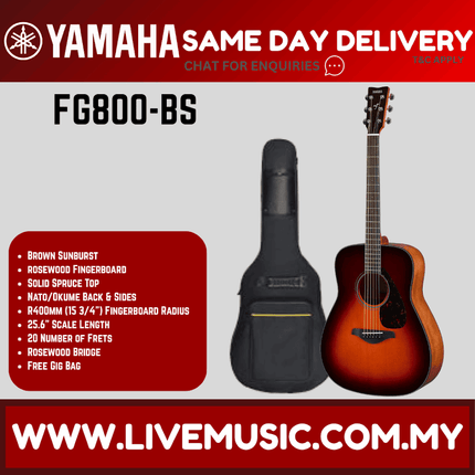 Yamaha FG800 41" Dreadnought Solid Sitka Spruce Top Acoustic Guitar- Brown Sunburst (FG 800)