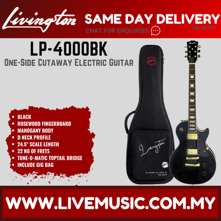Black one-side cutaway electric guitar with rosewood fretboard and gig bag