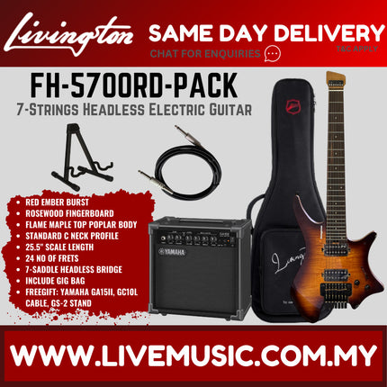 Red ember burst headless electric guitar set with amp and gig bag, rosewood fretboard.