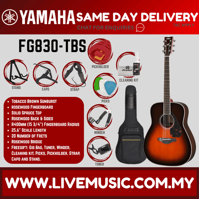 Yamaha FG830 Solid Spruce Top Acoustic Guitar - T. Brown Sunburst ( FG-830 / FG 830 )