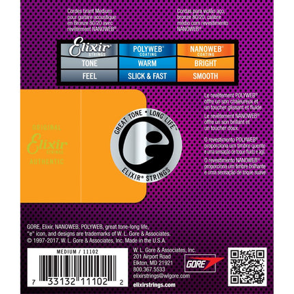 Elixir 11102 Nanoweb 80/20 Bronze Acoustic Guitar Strings (13-56)